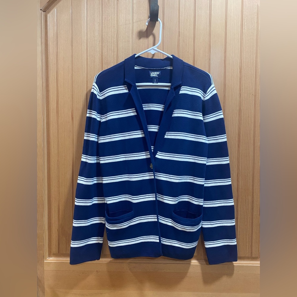 Lands' End Navy and White Striped Knit Cardigan with Pockets - Picture 2 of 4